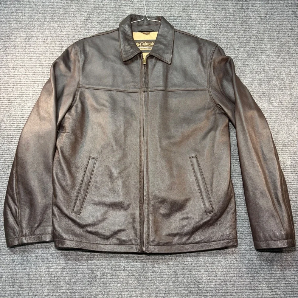 Columbia Men Leather Jacket Brown Full Zip Quilted Lined Coat RN102271 CA02786 M